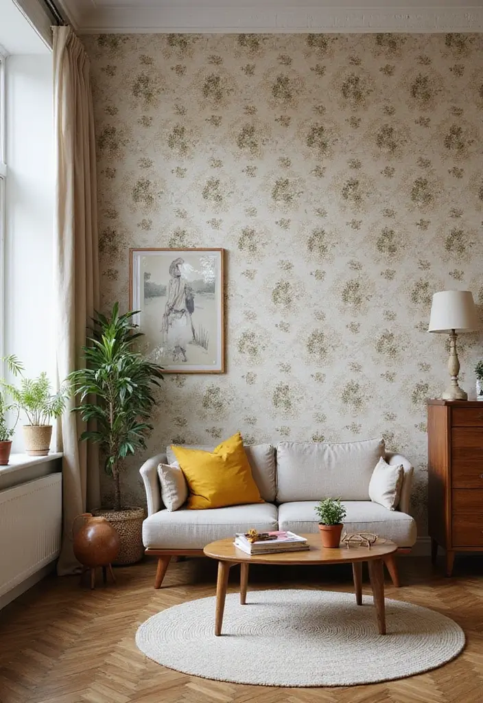 50 Accent Wall Ideas for Living Rooms That Instantly Transform Your Space - 17. Vintage Wallpaper