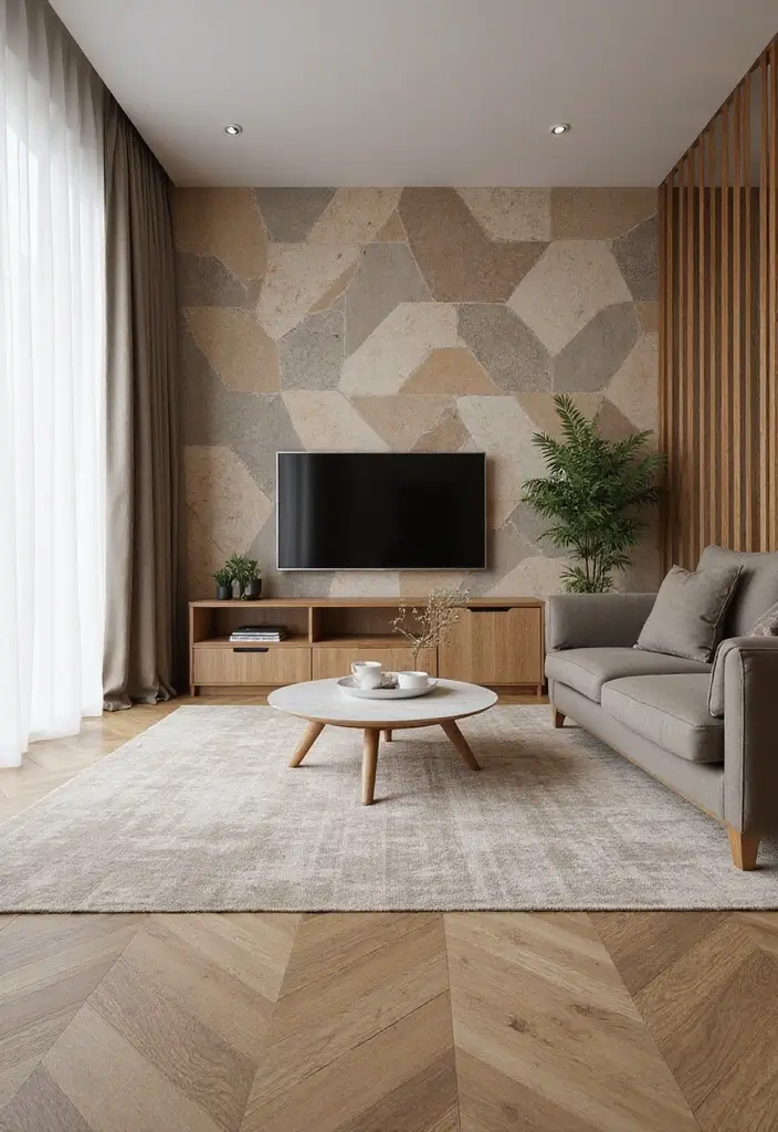 50 Accent Wall Ideas for Living Rooms That Instantly Transform Your Space - 22. Sustainable Flooring as Art