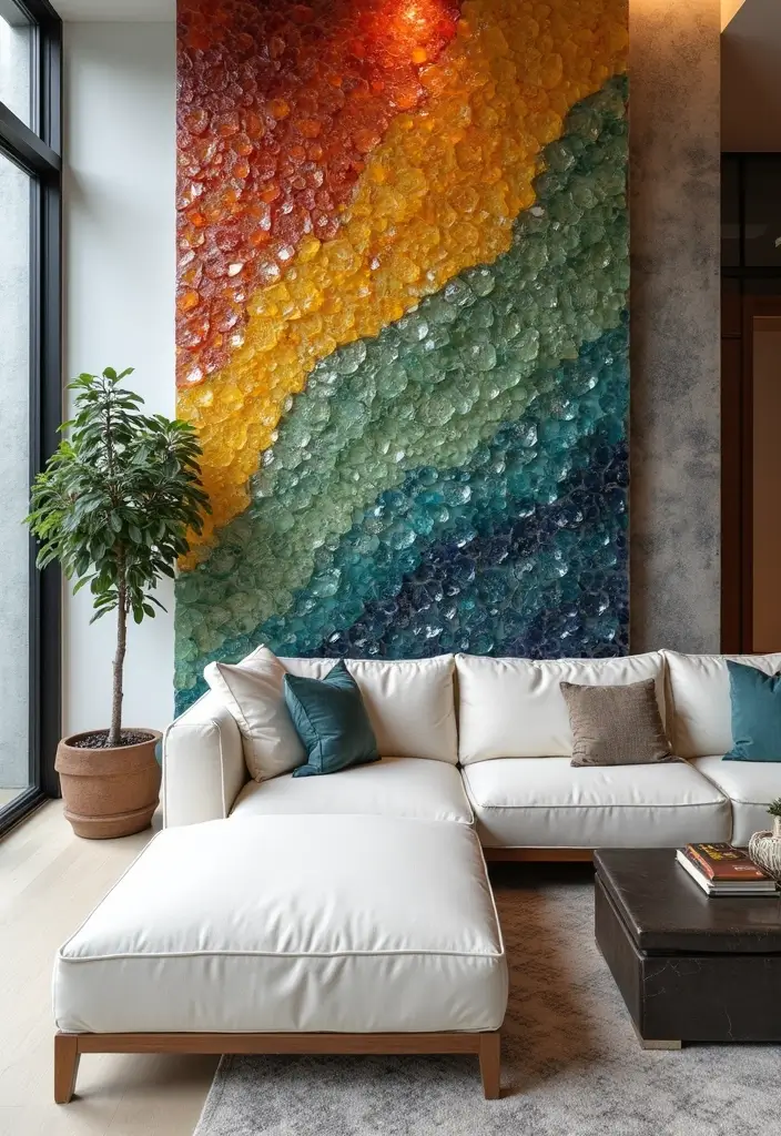 50 Accent Wall Ideas for Living Rooms That Instantly Transform Your Space - 25. Recycled Glass Accents