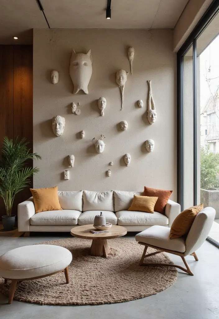 50 Accent Wall Ideas for Living Rooms That Instantly Transform Your Space - 28. Clay or Plaster Sculptures