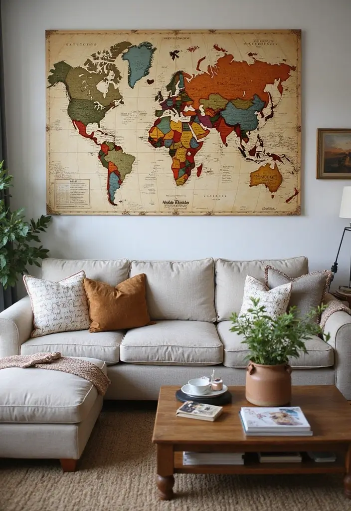 50 Accent Wall Ideas for Living Rooms That Instantly Transform Your Space - 32. Vintage Map Display