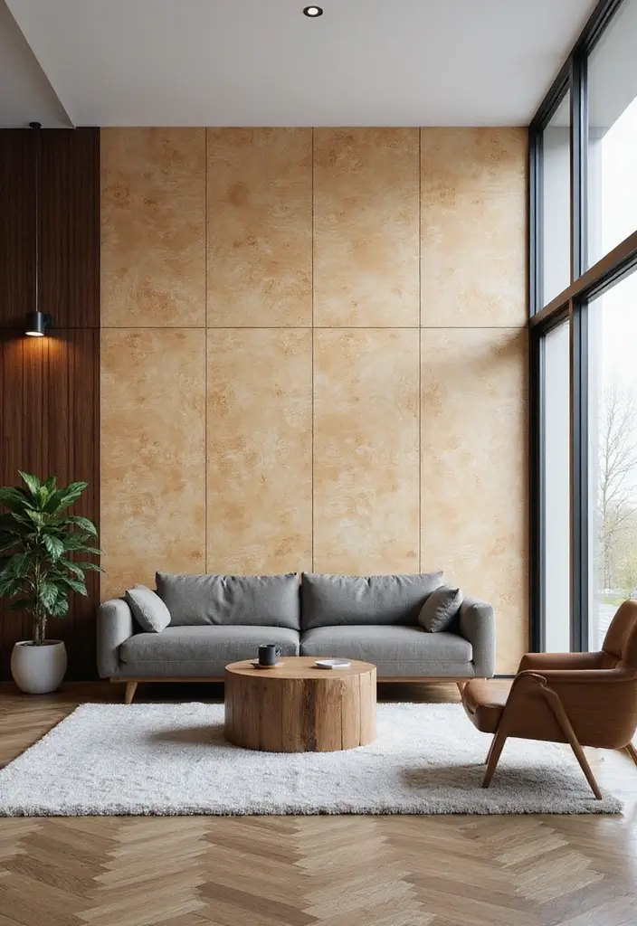 50 Accent Wall Ideas for Living Rooms That Instantly Transform Your Space - 34. Artistic Plywood Panels