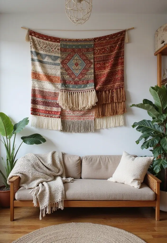 50 Accent Wall Ideas for Living Rooms That Instantly Transform Your Space - 35. Fabric Wall Hangings