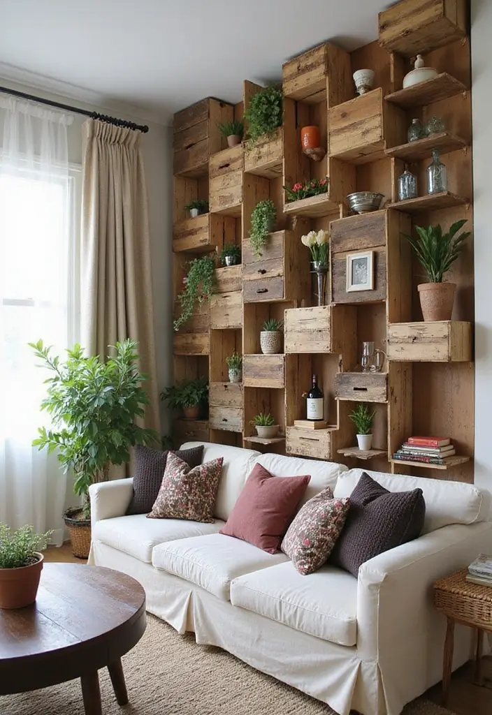 50 Accent Wall Ideas for Living Rooms That Instantly Transform Your Space - 38. Upcycled Wine Crates