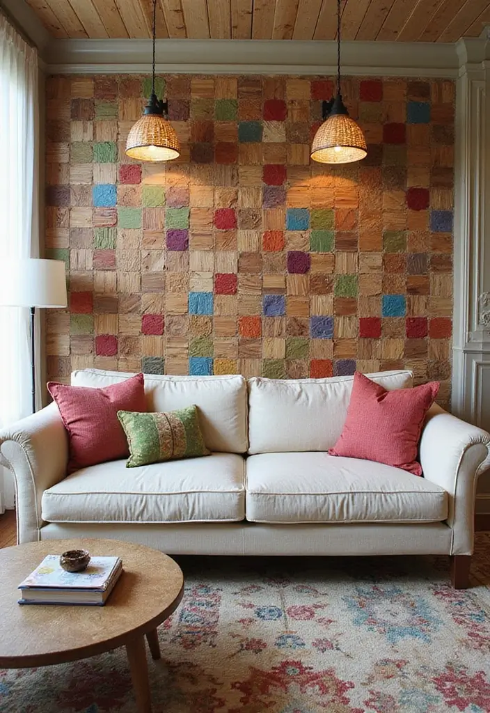50 Accent Wall Ideas for Living Rooms That Instantly Transform Your Space - 39. Colorful Wood Mosaic