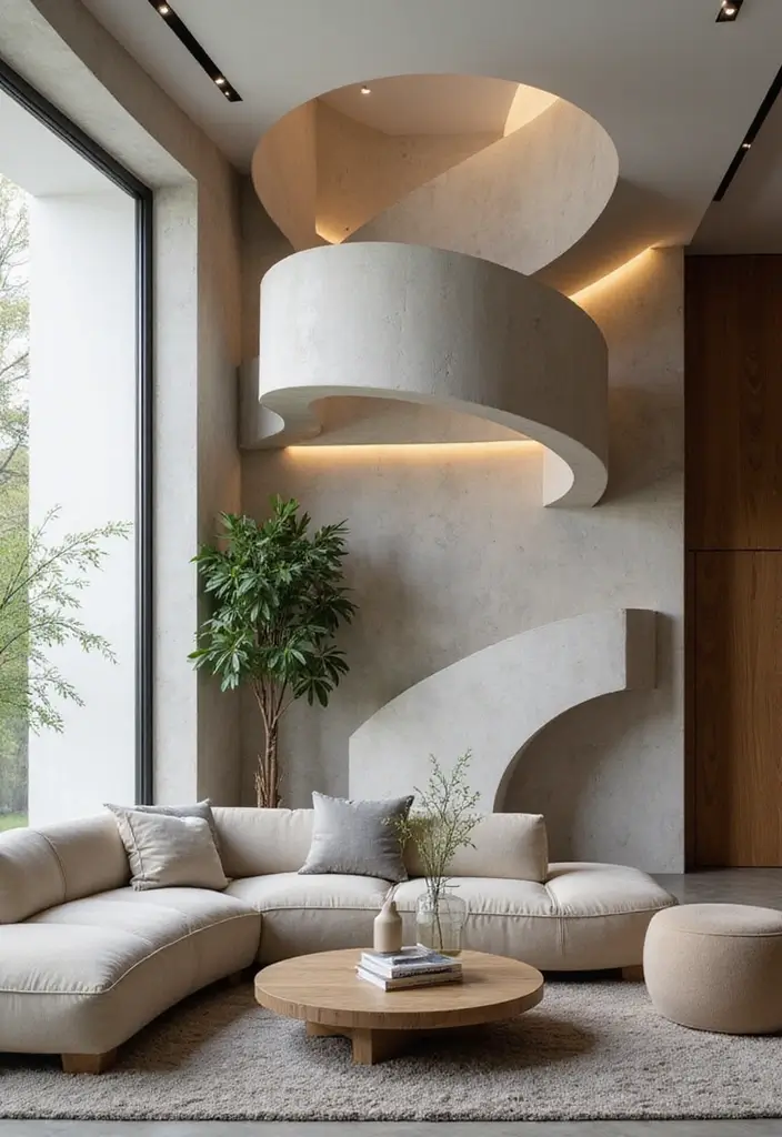 50 Accent Wall Ideas for Living Rooms That Instantly Transform Your Space - 40. Spiral or Curved Wall Designs