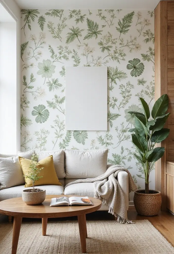 50 Accent Wall Ideas for Living Rooms That Instantly Transform Your Space - 41. Nature-Inspired Wallpaper