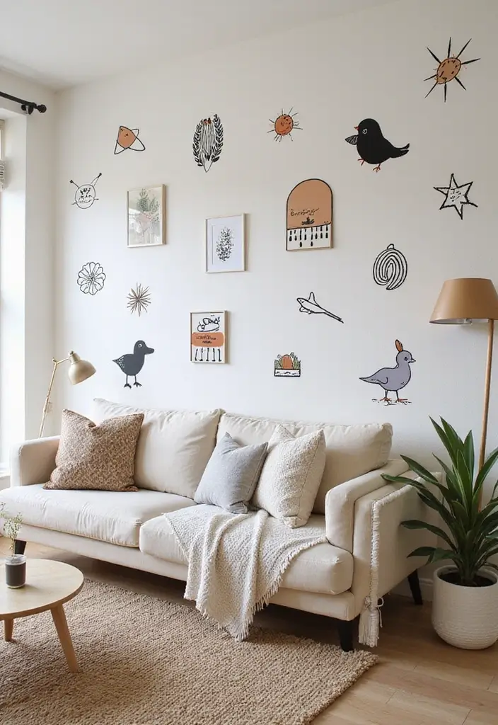 50 Accent Wall Ideas for Living Rooms That Instantly Transform Your Space - 44. Sustainable Vinyl Decals