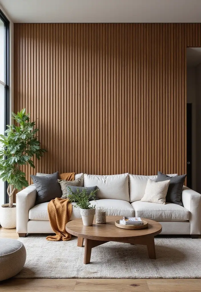 50 Accent Wall Ideas for Living Rooms That Instantly Transform Your Space - 48. Vertical Slatted Wood