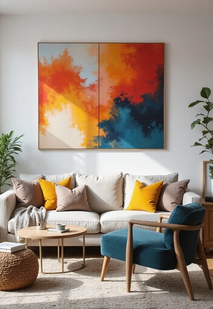 50 Aesthetic Living Room Ideas That You’ll Want to Try Right Now 15 50 Aesthetic Living Room Ideas That You’ll Want to Try Right Now - 15. Bright Artwork as Focal Points
