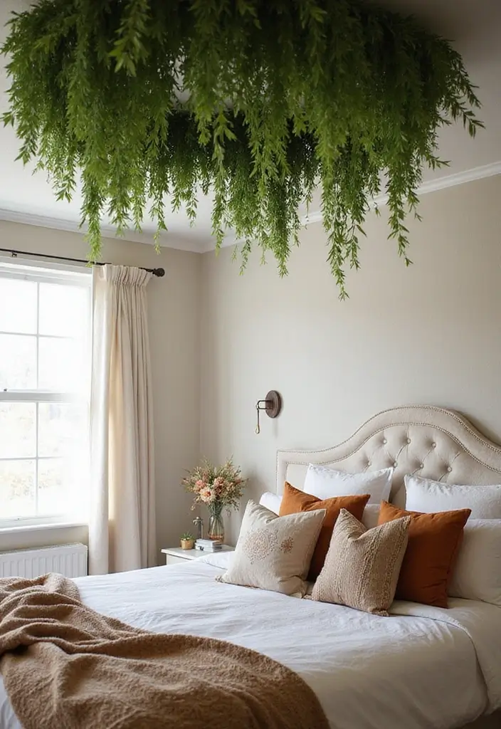 50 Bedroom Ceiling Design Ideas Perfect for a Stylish Fall Refresh 24 50 Bedroom Ceiling Design Ideas Perfect for a Stylish Fall Refresh - 22. Hanging Greenery
