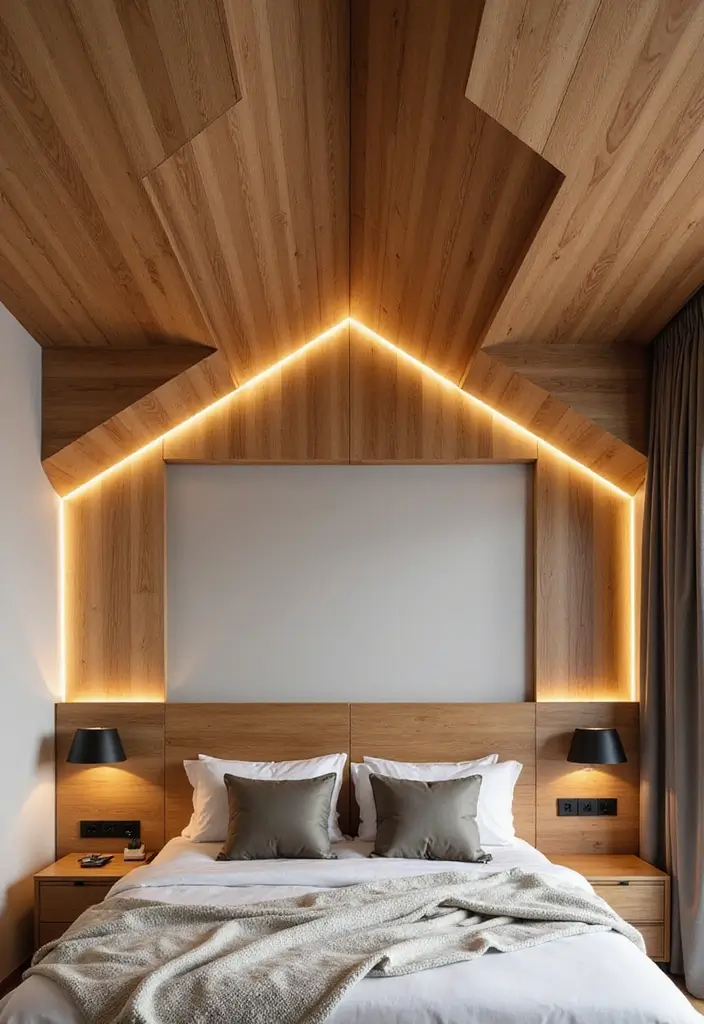 50 Bedroom Ceiling Design Ideas Perfect for a Stylish Fall Refresh 5 50 Bedroom Ceiling Design Ideas Perfect for a Stylish Fall Refresh - 5. Geometric Wood Panels