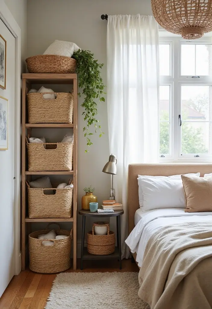 50 Bedroom Ideas for Small Spaces That Make Any Room Feel Bigger 23 50 Bedroom Ideas for Small Spaces That Make Any Room Feel Bigger - 23. Stylish Baskets