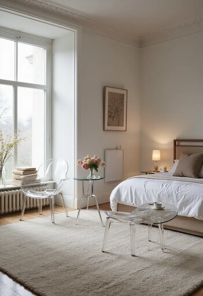 50 Bedroom Ideas for Small Spaces That Make Any Room Feel Bigger 29 50 Bedroom Ideas for Small Spaces That Make Any Room Feel Bigger - 29. Transparent Furniture