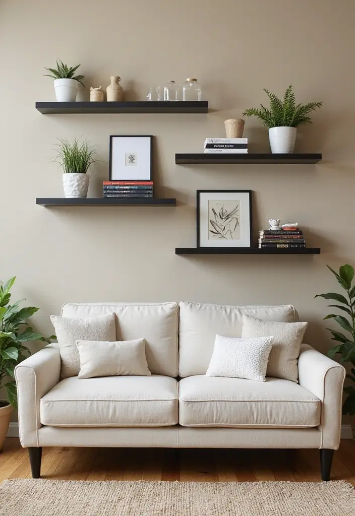 50 Beige and Black Living Room Ideas That Look Sleek and Modern - 11. Functional Shelving