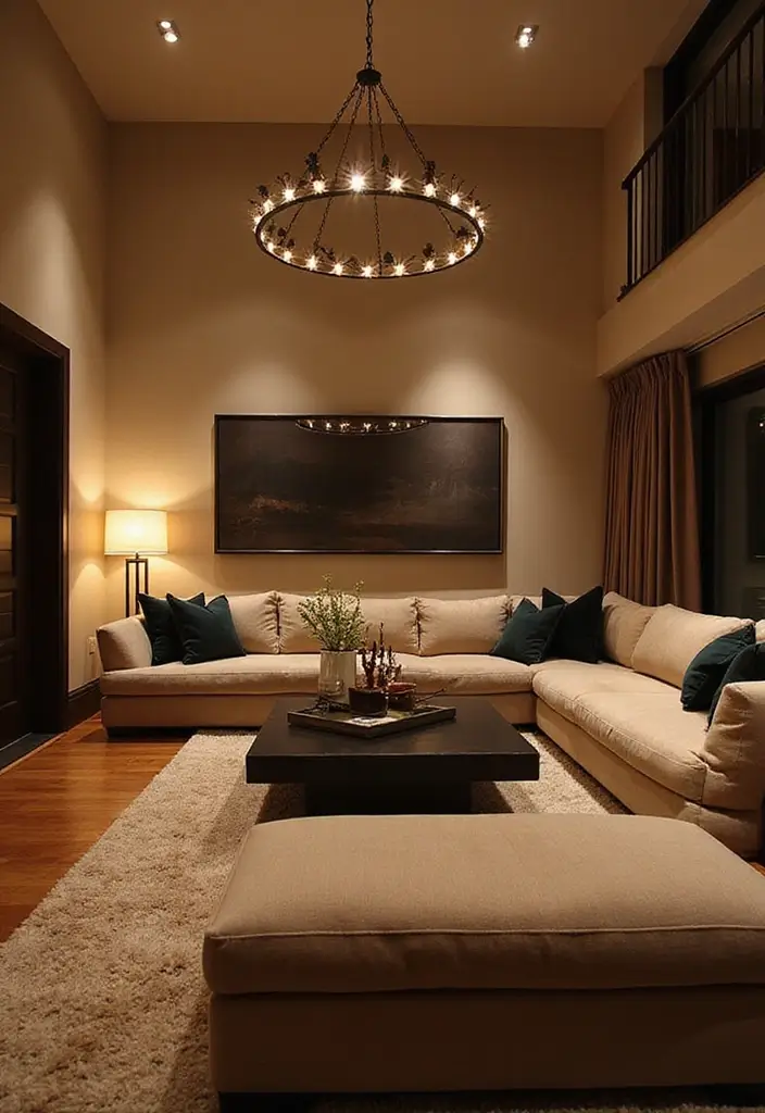 50 Beige and Black Living Room Ideas That Look Sleek and Modern - 24. Warm Lighting Choices