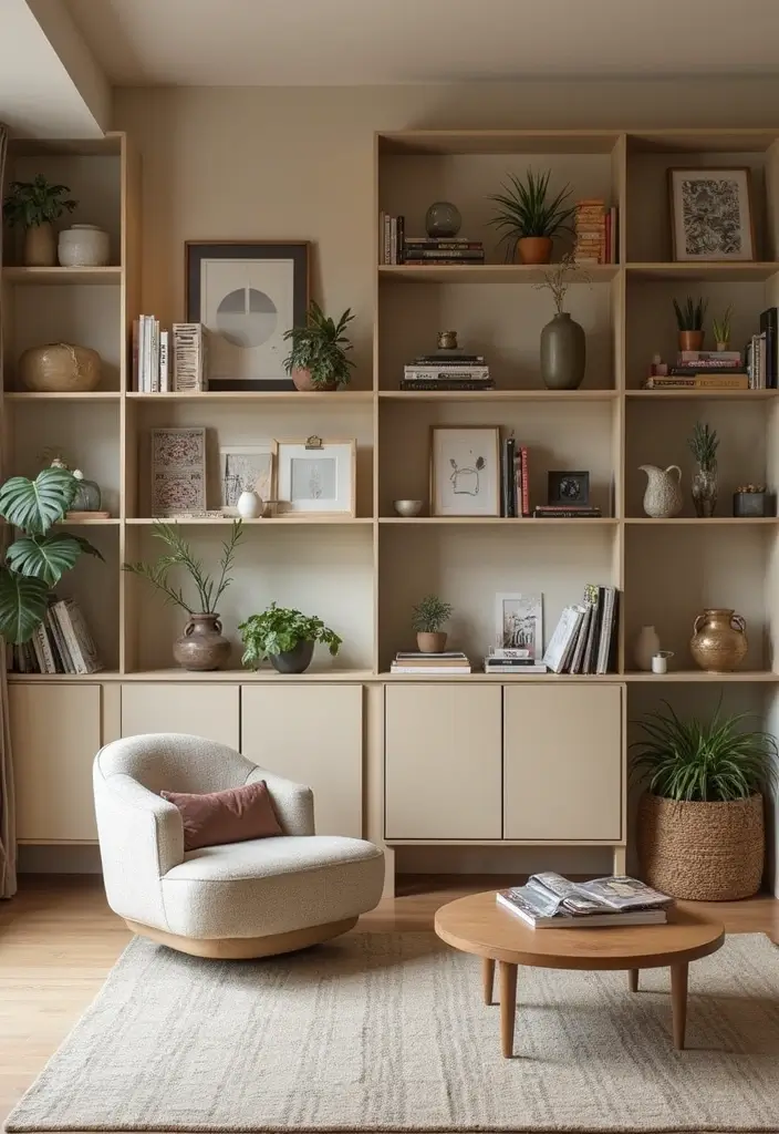 50 Beige and Black Living Room Ideas That Look Sleek and Modern - 29. Open Shelving Displays