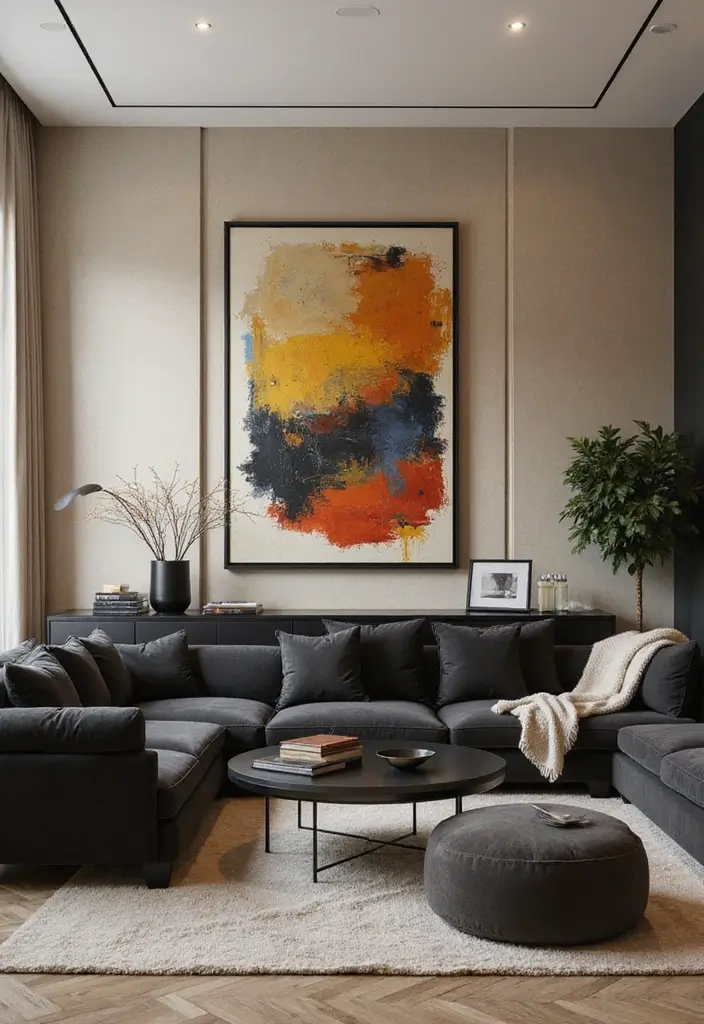 50 Beige and Black Living Room Ideas That Look Sleek and Modern - 3. Bold Art Statement