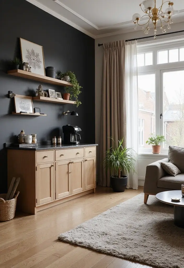 50 Beige and Black Living Room Ideas That Look Sleek and Modern - 30. Personalized Coffee Bar