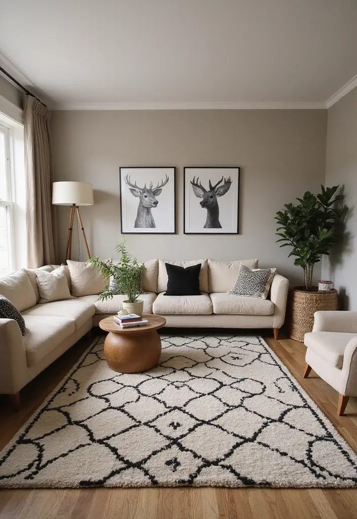 50 Beige and Black Living Room Ideas That Look Sleek and Modern - 36. Playful Area Rugs