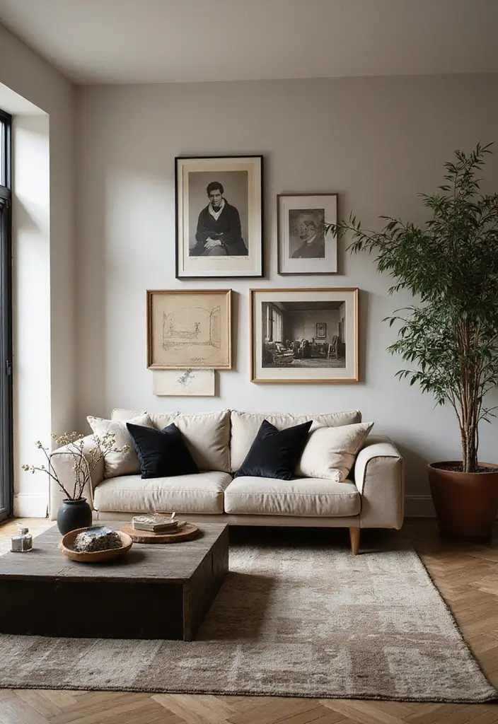50 Beige and Black Living Room Ideas That Look Sleek and Modern - 49. Vintage Artwork and Frames