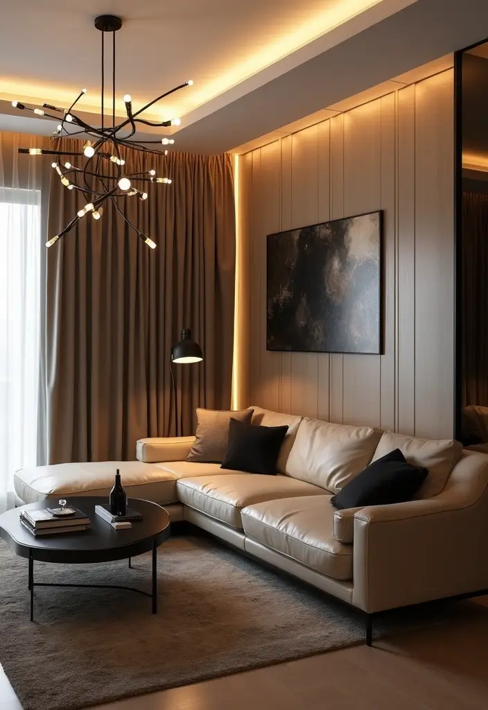 50 Beige and Black Living Room Ideas That Look Sleek and Modern - 6. Statement Lighting Fixtures