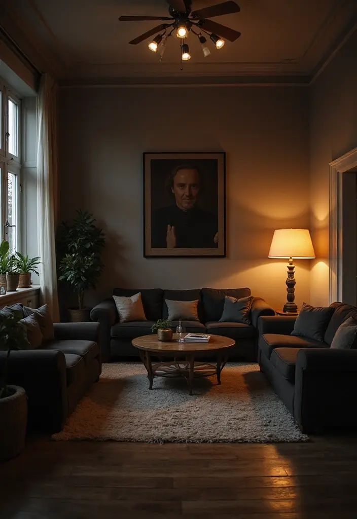 50 Black Furniture Living Room Ideas That Add Sophistication - 29. Layered Lighting