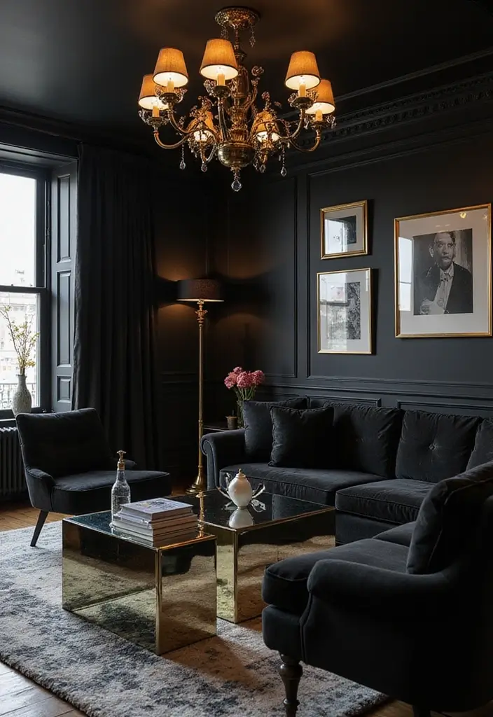 50 Black Furniture Living Room Ideas That Add Sophistication - 46. Reflective Surfaces