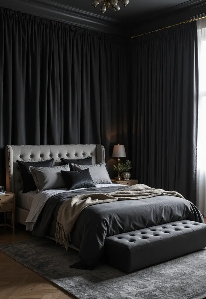 50 Black and Grey Bedroom Ideas That Look Bold and Modern 13 50 Black and Grey Bedroom Ideas That Look Bold and Modern - 13. Luxurious Fabrics