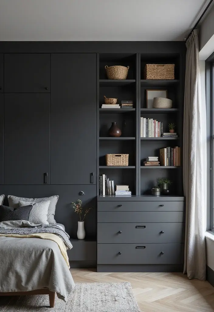 50 Black and Grey Bedroom Ideas That Look Bold and Modern 21 50 Black and Grey Bedroom Ideas That Look Bold and Modern - 19. Stylish Storage Solutions