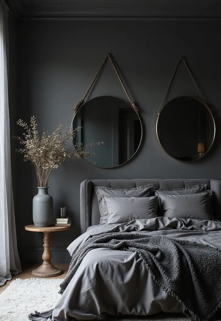 50 Black and Grey Bedroom Ideas That Look Bold and Modern 22 50 Black and Grey Bedroom Ideas That Look Bold and Modern - 20. Mirrors for Light and Space