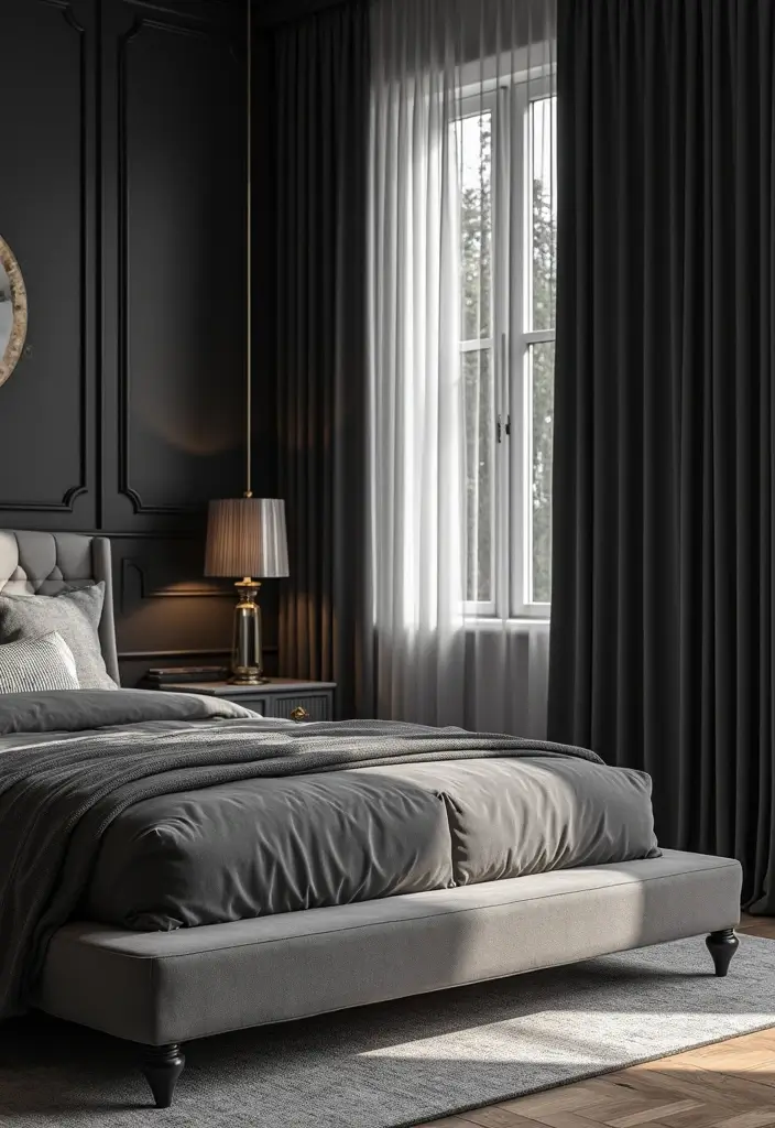 50 Black and Grey Bedroom Ideas That Look Bold and Modern 24 50 Black and Grey Bedroom Ideas That Look Bold and Modern - 22. Floor-to-Ceiling Curtains