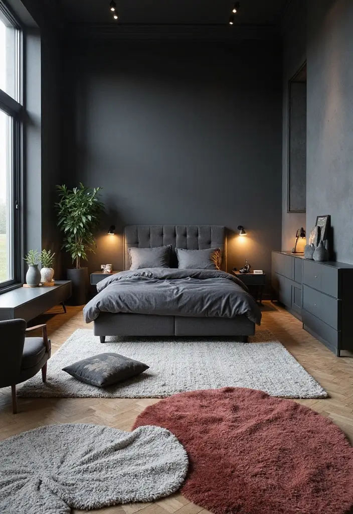 50 Black and Grey Bedroom Ideas That Look Bold and Modern 30 50 Black and Grey Bedroom Ideas That Look Bold and Modern - 28. Layering with Rugs