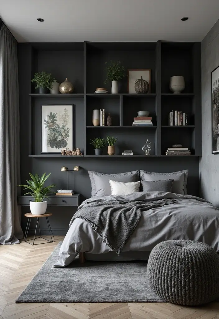 50 Black and Grey Bedroom Ideas That Look Bold and Modern 31 50 Black and Grey Bedroom Ideas That Look Bold and Modern - 29. Open Shelving