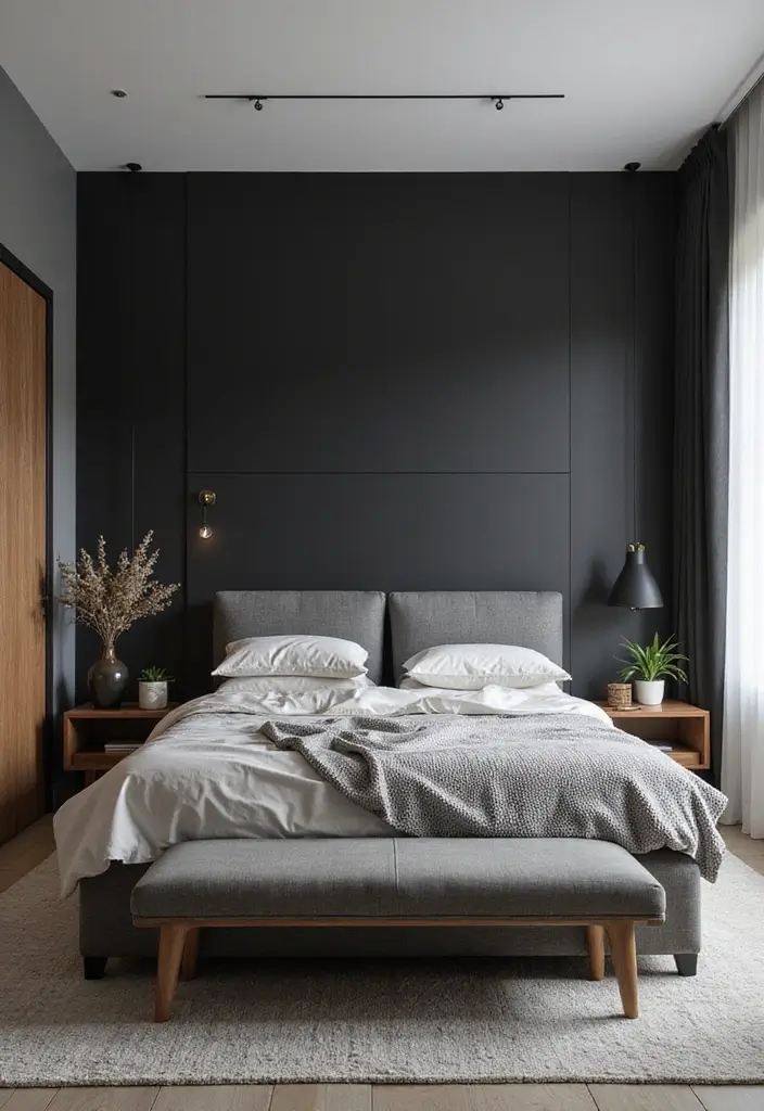 50 Black and Grey Bedroom Ideas That Look Bold and Modern 3 50 Black and Grey Bedroom Ideas That Look Bold and Modern - 3. Dramatic Accent Walls