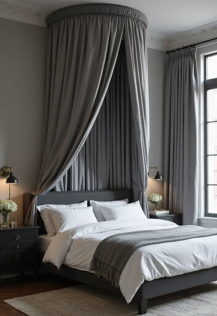 50 Black and Grey Bedroom Ideas That Look Bold and Modern 32 50 Black and Grey Bedroom Ideas That Look Bold and Modern - 30. Elegant Bed Canopy