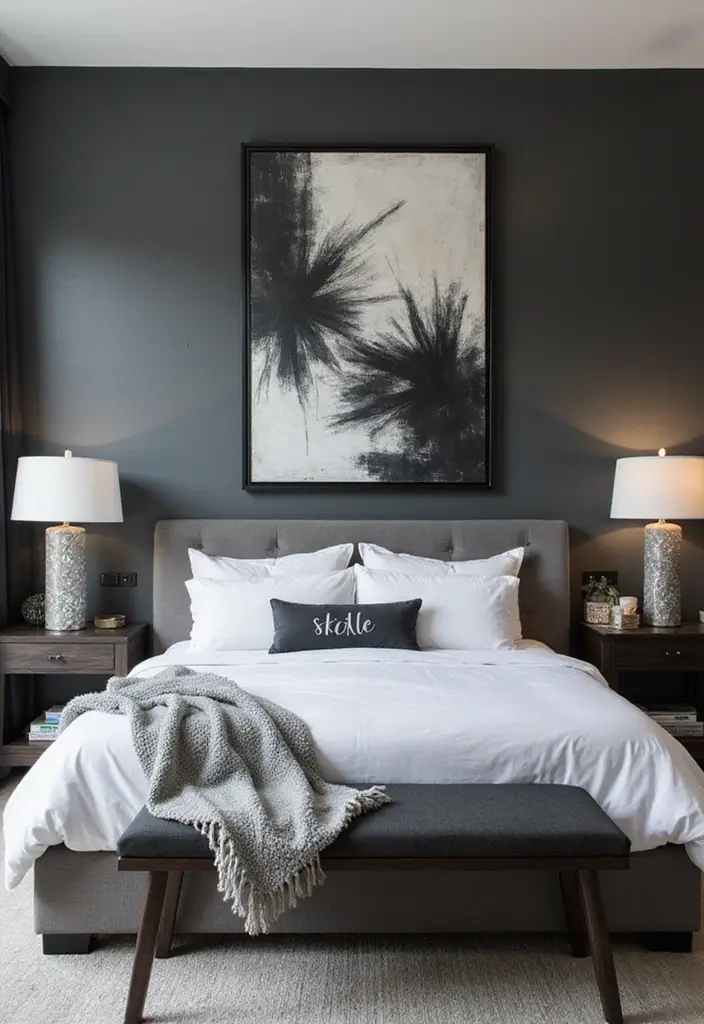 50 Black and Grey Bedroom Ideas That Look Bold and Modern 34 50 Black and Grey Bedroom Ideas That Look Bold and Modern - 32. Statement Wall Art