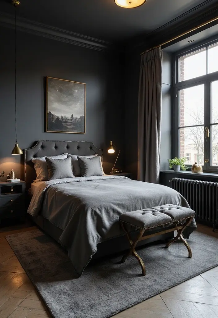 50 Black and Grey Bedroom Ideas That Look Bold and Modern 35 50 Black and Grey Bedroom Ideas That Look Bold and Modern - 33. Incorporating Metallics