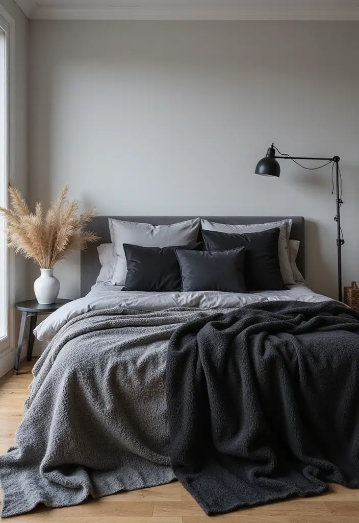 50 Black and Grey Bedroom Ideas That Look Bold and Modern 36 50 Black and Grey Bedroom Ideas That Look Bold and Modern - 34. Cozy Throws and Cushions