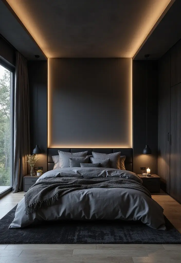 50 Black and Grey Bedroom Ideas That Look Bold and Modern 40 50 Black and Grey Bedroom Ideas That Look Bold and Modern - 36. Creative Lighting Solutions