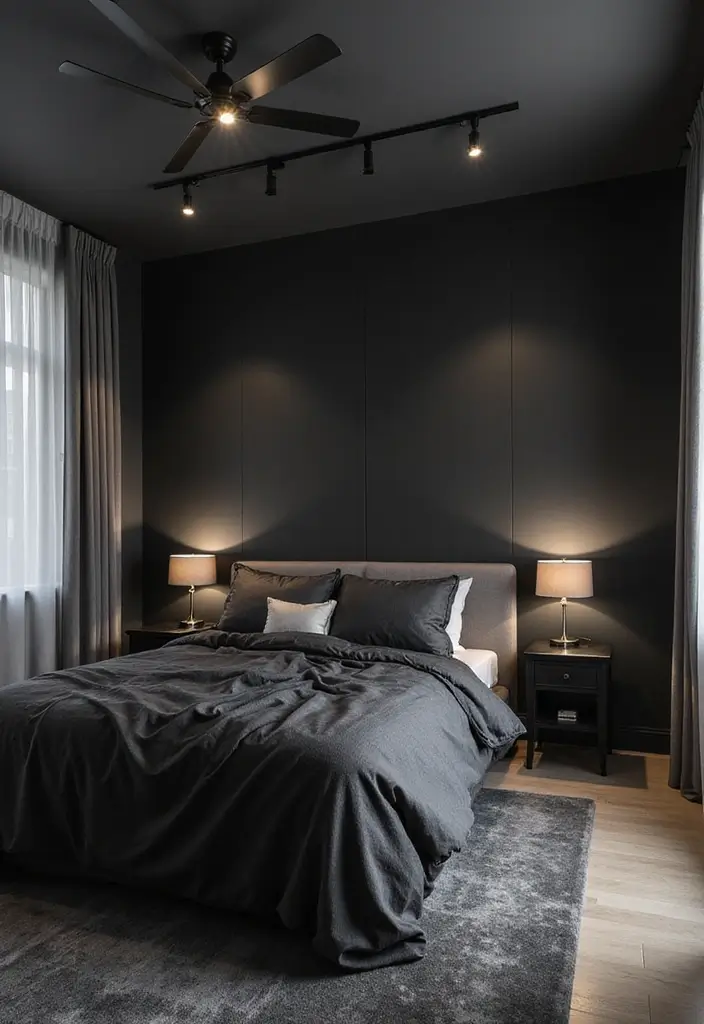 50 Black and Grey Bedroom Ideas That Look Bold and Modern 42 50 Black and Grey Bedroom Ideas That Look Bold and Modern - 38. Layered Lighting Fixtures