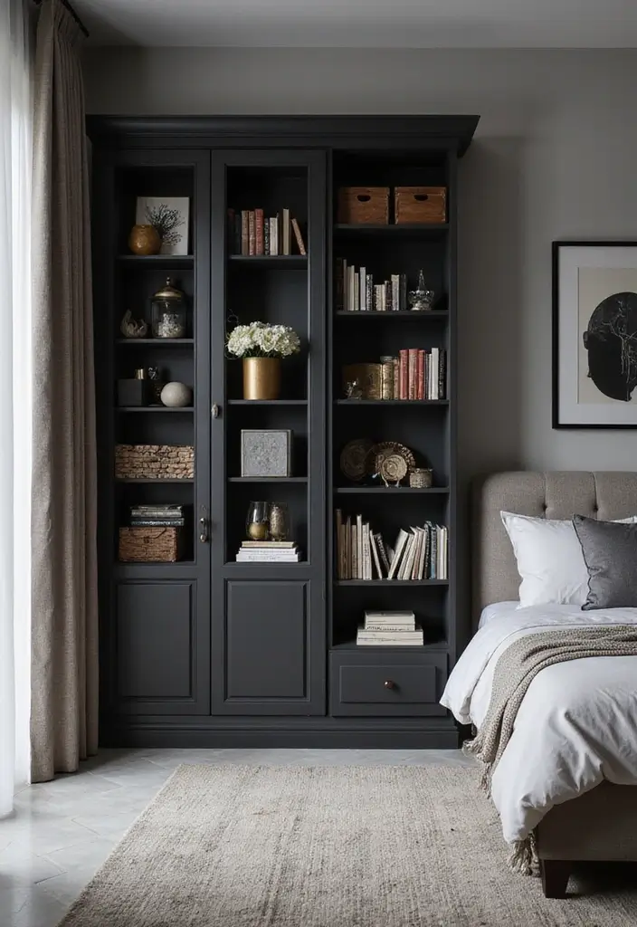 50 Black and Grey Bedroom Ideas That Look Bold and Modern 48 50 Black and Grey Bedroom Ideas That Look Bold and Modern - 44. Chic Bookcases