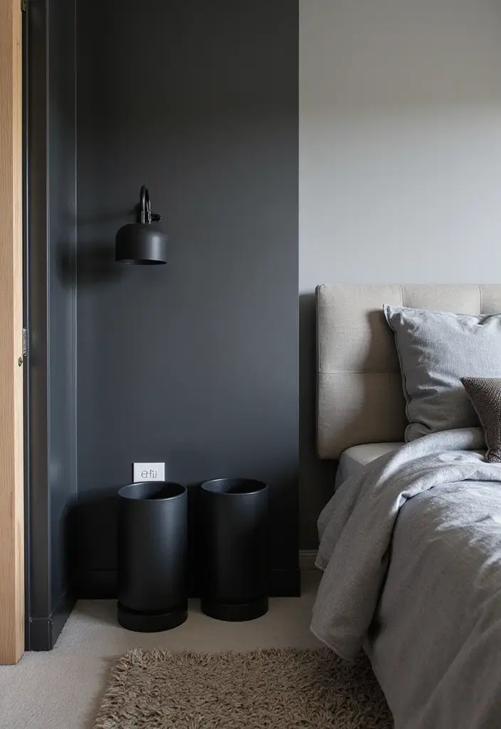 50 Black and Grey Bedroom Ideas That Look Bold and Modern 50 50 Black and Grey Bedroom Ideas That Look Bold and Modern - 46. Stylish Waste Bins