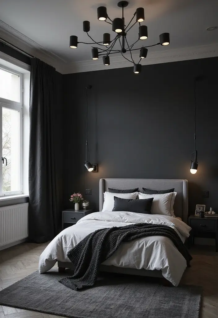 50 Black and Grey Bedroom Ideas That Look Bold and Modern 8 50 Black and Grey Bedroom Ideas That Look Bold and Modern - 8. Statement Light Fixtures