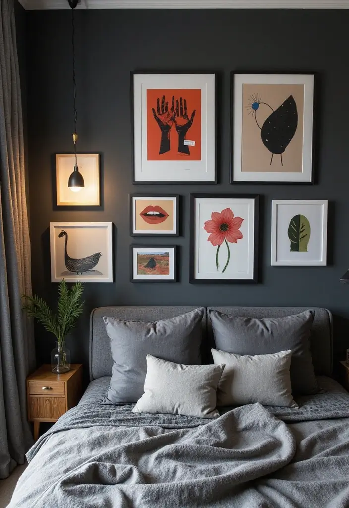 50 Black and Grey Bedroom Ideas That Look Bold and Modern 9 50 Black and Grey Bedroom Ideas That Look Bold and Modern - 9. Artistic Wall Decor