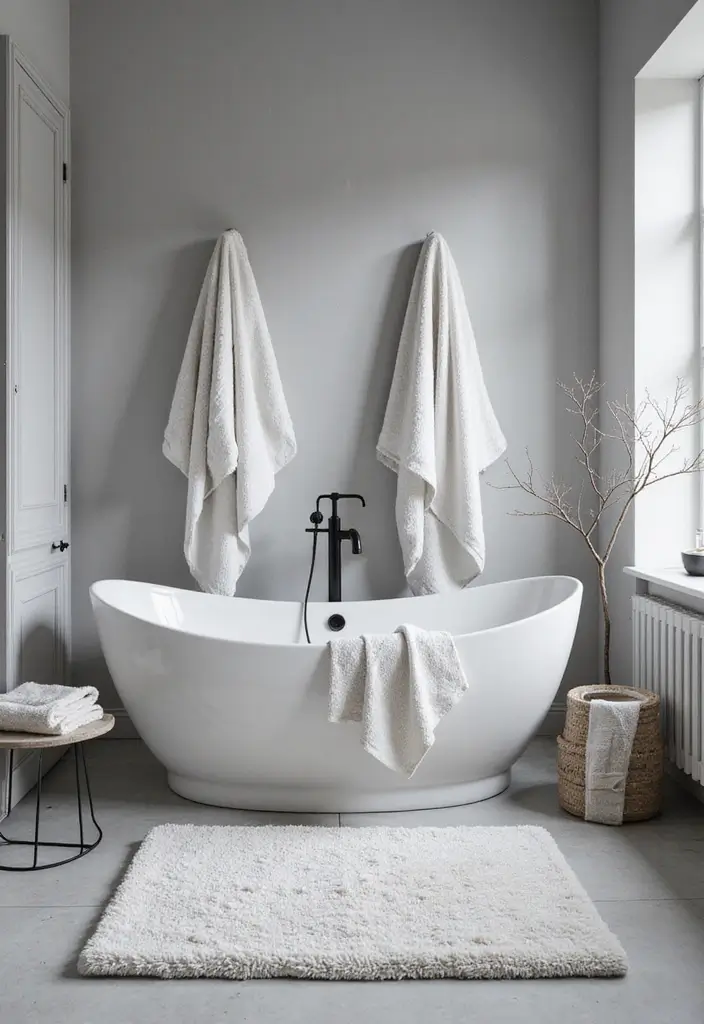 50 Black and White Bathroom Ideas That Feel Chic and Sophisticated - 11. Luxurious Monochrome Textiles