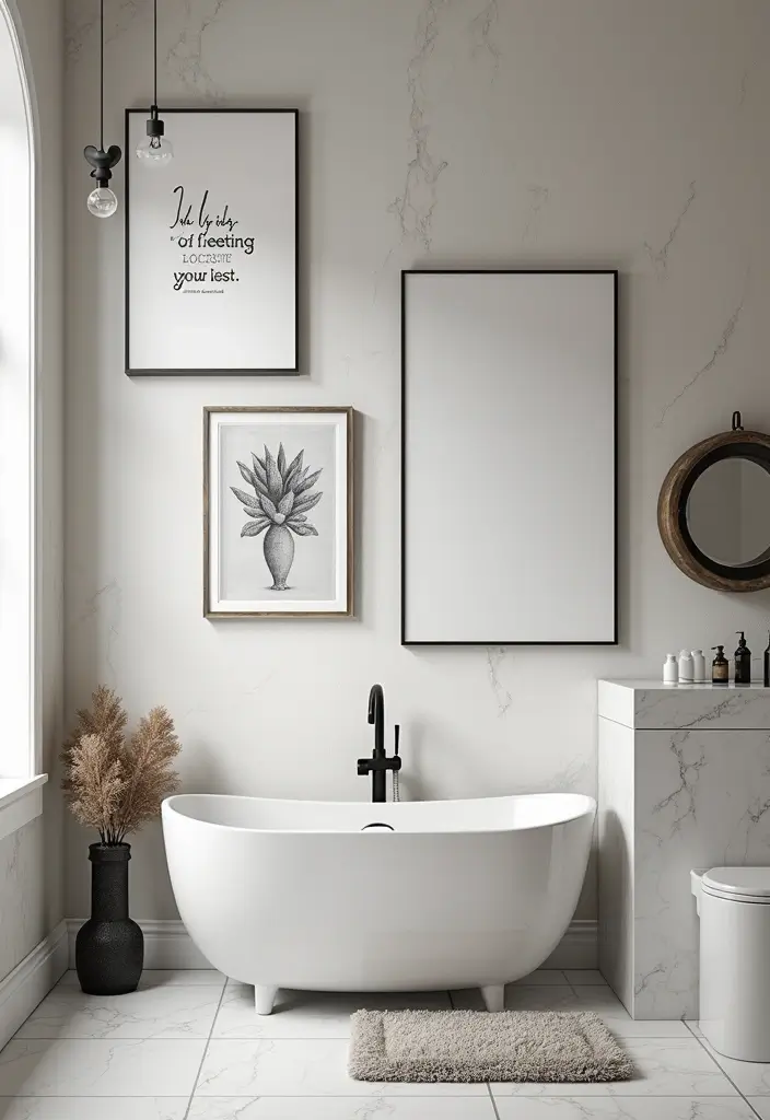 50 Black and White Bathroom Ideas That Feel Chic and Sophisticated - 21. Wall Art Inspirations