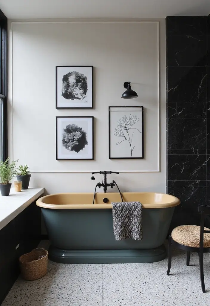 50 Black and White Bathroom Ideas That Feel Chic and Sophisticated - 25. Bold Bathtub Colors