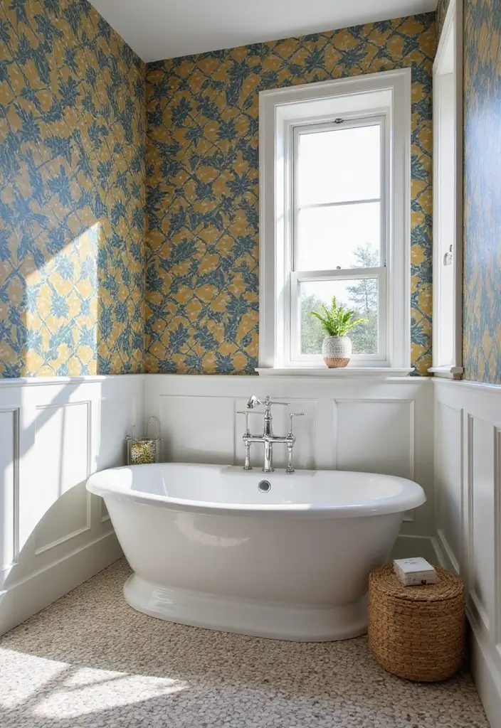 50 Black and White Bathroom Ideas That Feel Chic and Sophisticated - 3. Graphic Wallpaper Statements