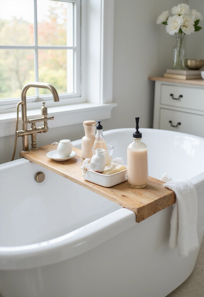 50 Black and White Bathroom Ideas That Feel Chic and Sophisticated - 34. Stylish Bathtub Caddies